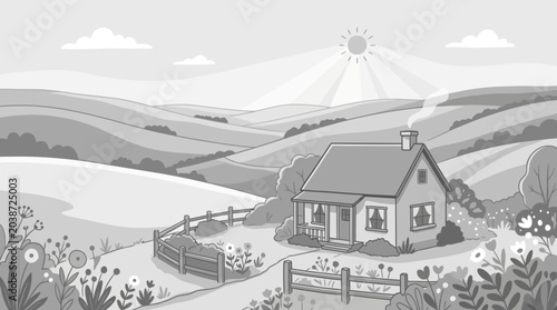 Photos Scenic Landscape, Cozy Cottage, Serene Hills, Digital Illustration, Nature, Dayt