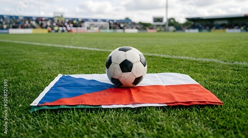 Czech flag with a soccer ball on a soccer field czech republic
