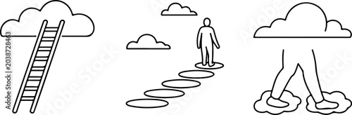 Tableau sur toile Abstract illustration of human journey metaphor with climbing ladder towards heaven clouds and walking across steps