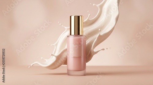 Pink cosmetic bottle surrounded by elegant milk splash creating dynamic liquid motion in professional studio setting for luxury skincare brand product advertisement.