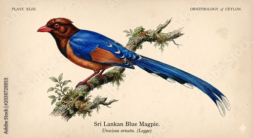 ​A vintage scientific book plate illustration of a Sri Lankan Blue Magpie (Urocissa ornata) perched on a mossy branch, titled 