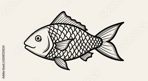 Εκτύπωση καμβά Simple Line Drawing of a Fish with Scales.