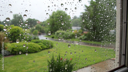 Raindrops on window with garden view