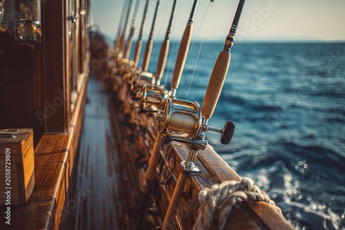 Row of deep-sea fishing rods on a sport fishing boat at dawn