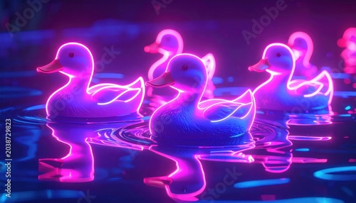 Enchanting Neon Ducks Floating in a Mystical Water Wonderland.