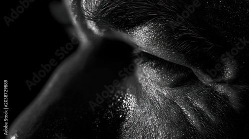 Close up monochrome portrait of a man with visible sweat details