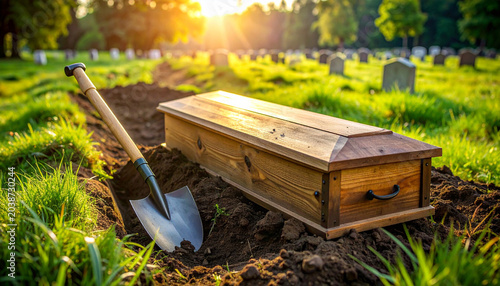 Wooden coffin on a dug grave, shovel in the dirt, closeup. AI