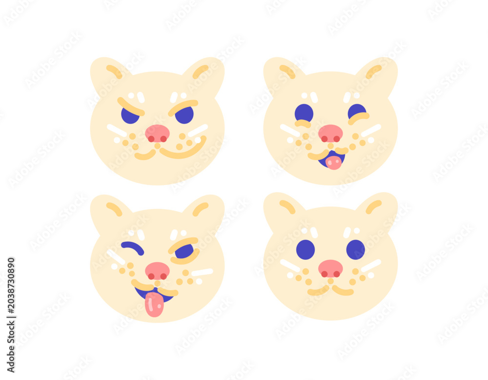 Fototapeta premium A collection of cat head illustrations with various expressions. Cat expressions include smiling, cheeky, mocking, or cocky. Cute and adorable animal characters. Stickers, clip art, decorative element