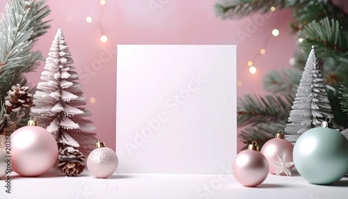 Festive Christmas Display with Ornaments and Pine Trees.