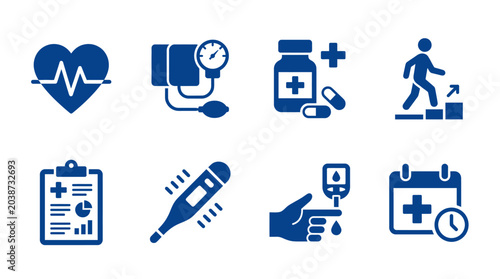 Collection of medical icons illustrating health monitoring and patient care activities