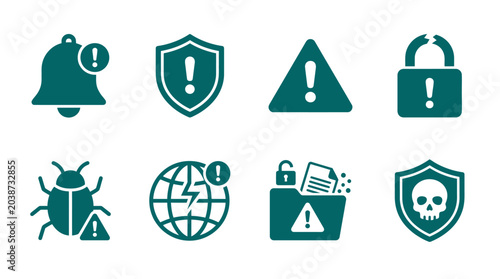 Collection of security icons illustrating alerts, warnings, and protection symbols for digital safety