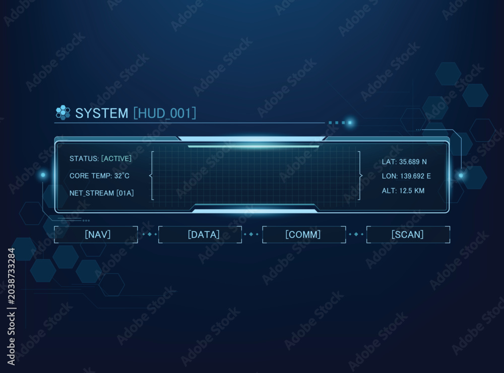 Naklejka premium Futuristic HUD user interface template on a dark blue background. glowing digital elements