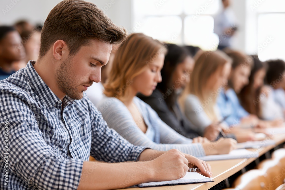 Fototapeta premium Diverse group of students attentively listening and taking notes during a lecture in a bright classroom setting.