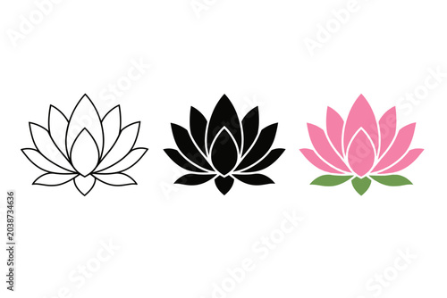 Bild auf Leinwand Lotus Flower Icons, Vector Floral Symbols, Pink Black White Illustrations, 3 Lot