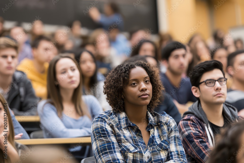 Obraz premium Diverse group of young adults attentively listening in a university lecture hall, focusing on the speaker.