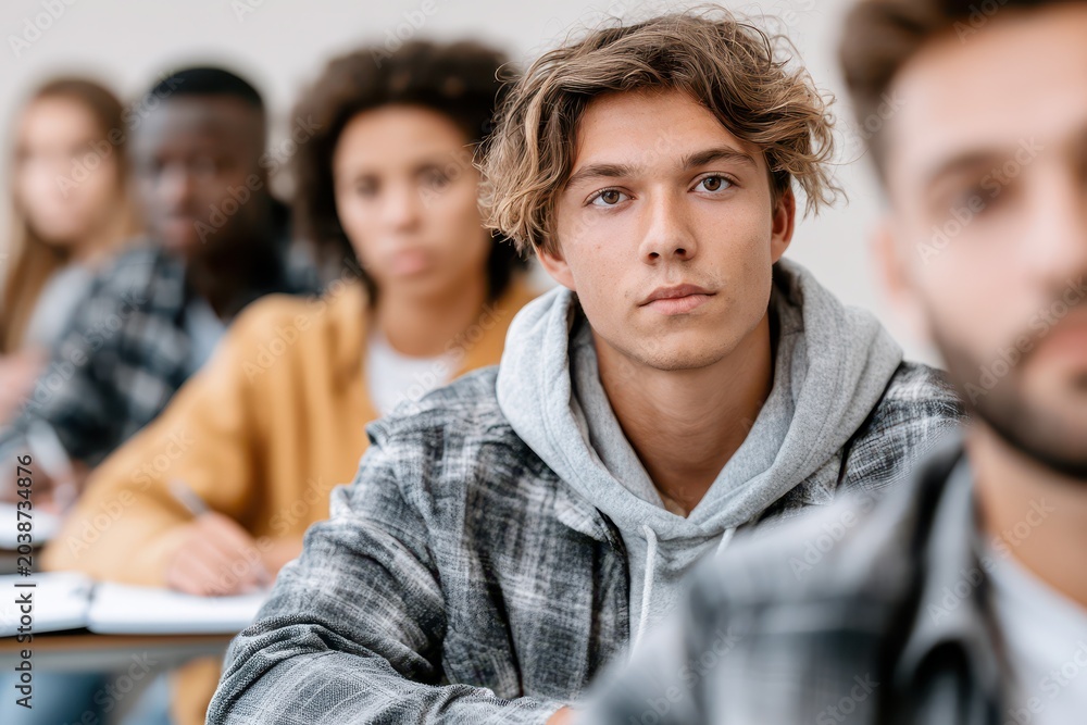Fototapeta premium Diverse group of young students attentively listening in a classroom, focused on learning and education.