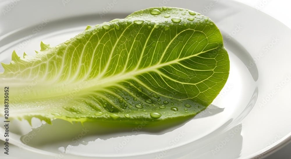 Obraz premium Organic romaine lettuce displayed on a white dish with soft natural light and crisp texture detail.