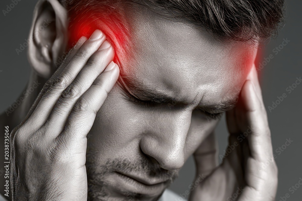 Fototapeta premium Close-up of a man holding his temples with a red glowing area indicating pain and discomfort.