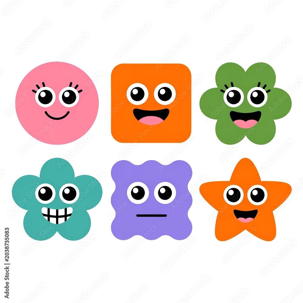 Fototapeta premium Six cute cartoon character faces: circle, square, flower, star, and blob
