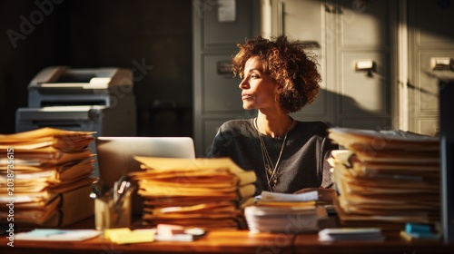 School secretary at a desk surrounded by stacks of paperwork, reviewing documents with focus