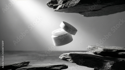 Quadro su tela A levitating blank white cosmetic jar with an open lid hovers dramatically among dark, rugged rocks