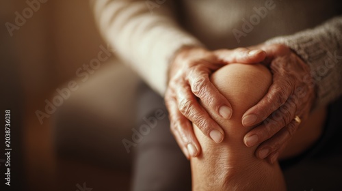 Senior woman seated with hand on knee, expressing joint discomfort for arthritis treatment concept