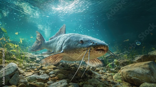 Serene underwater scene: catfish navigating a pebble-strewn stream bed