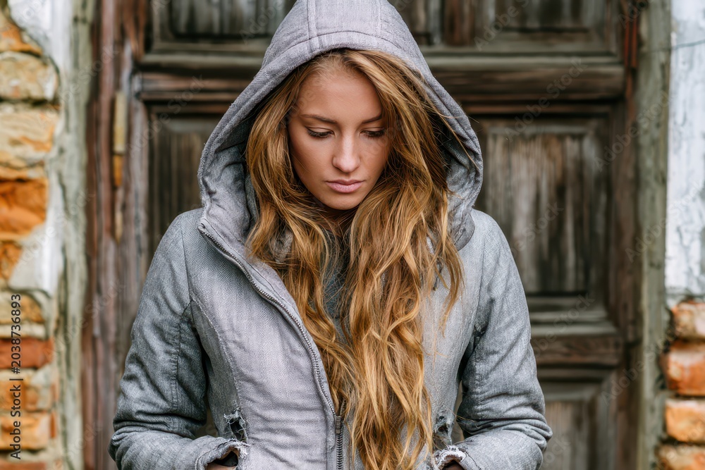 Fototapeta premium Young woman with long blonde hair wearing a grey hooded jacket, looking down thoughtfully outdoors.