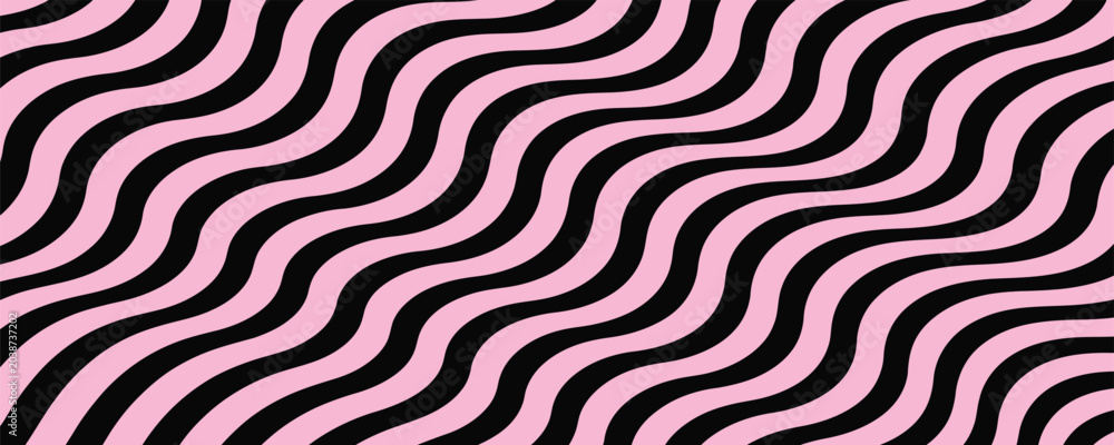 Fototapeta premium Retro 70s groovy wavy stripes pattern background graphic representing vintage psychedelic pink curved lines and hippie style.