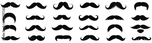 Vintage mustache silhouette flat icon set representing barbershop gentleman style movember facial hair and masculine retro design.