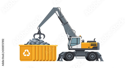 Industrial Material Handler Crane with Grapple Lifting Scrap Metal from Yellow Recycling Bin, Waste Management and Sustainable Industry Vector Illustration on White Background.
