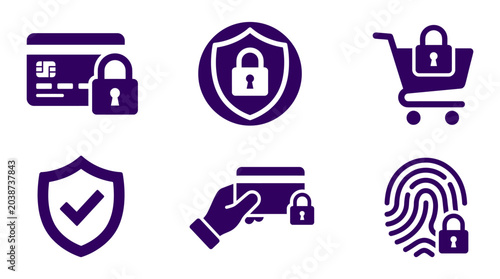 Collection of secure payment icons featuring credit cards, shopping carts, and shields