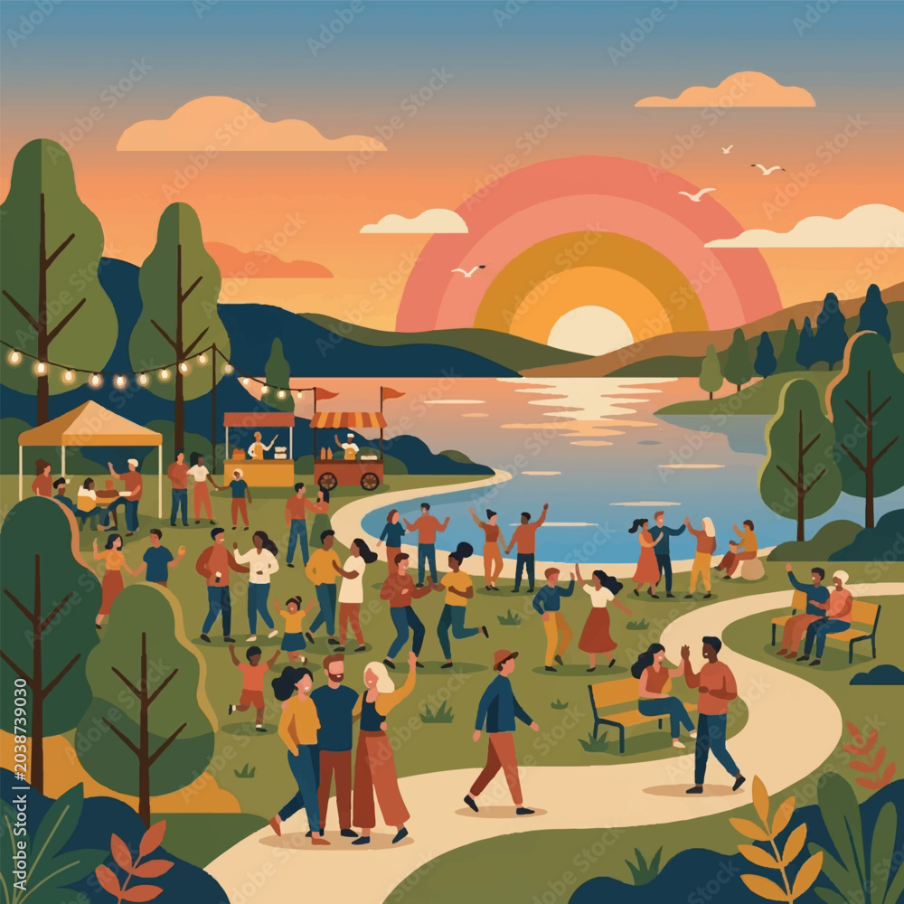 Obraz premium A vibrant community gathering at a lakeside park during sunset, featuring people dancing, socializing, and enjoying food stalls in a scenic landscape.
