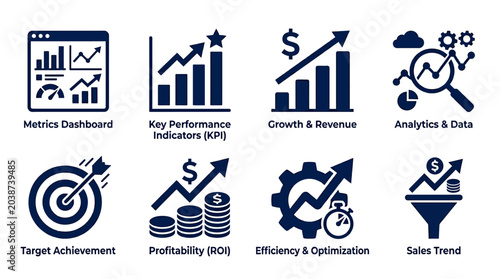 Collection of business analytics and performance indicators illustrated through various icons depicting metrics, growth, and optimization strategies