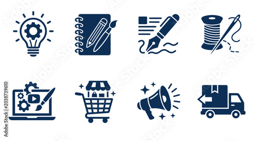 Set of eight flat vector business and creative process icons.