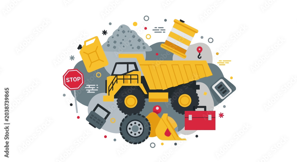 Naklejka premium Flat Vector Illustration of Heavy Construction Equipment, Mining Dump Truck, Industrial Tools, and Civil Engineering Icons on White Background