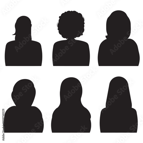 A diverse group of black female silhouettes. Vector set of female profiles.