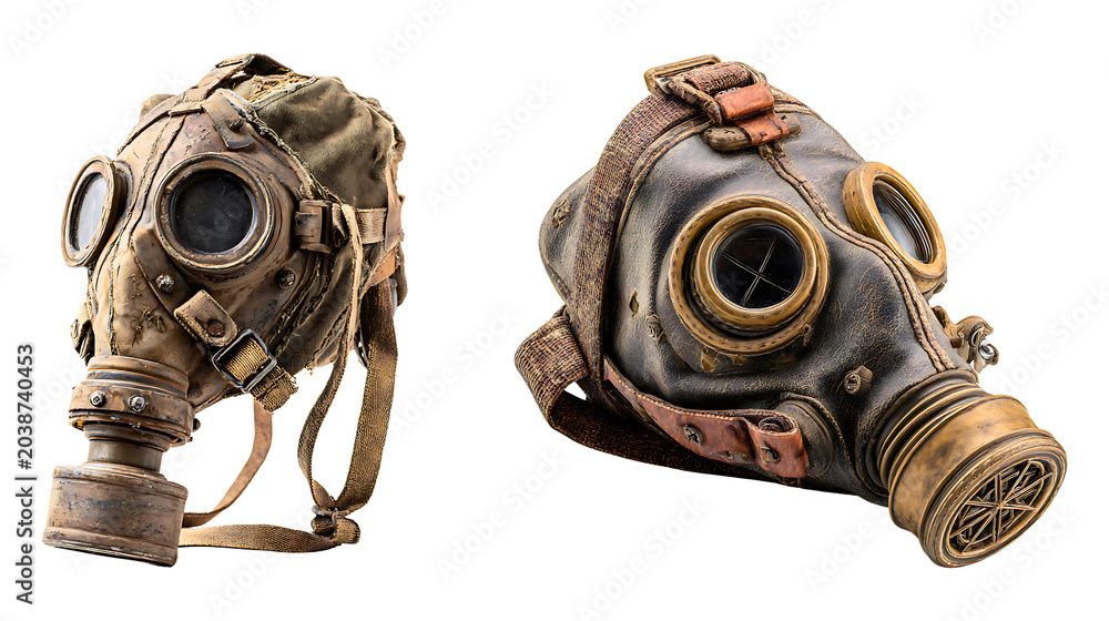 Obraz premium Two vintage gas masks with worn leather and metal details showcased in gritty industrial setting isolated on a white or transparent background