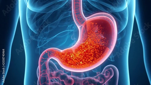 Stomach digestion process medical animation showing acid reflux inside human body anatomy for scientific educational pharmaceutical motion design video footage