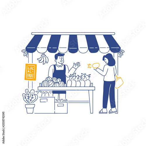 Foto Local fruit market stall with seller and customer line art illustration