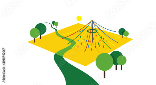 Colorful illustration of a maypole with surrounding trees and a river.