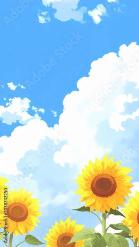 青空と入道雲の下に咲く鮮やかな向日葵のイラスト　文字入れ用のコピースペースがある夏の背景素材　ポスターやバナーデザインに活用できる爽やかで明るい自然風景の縦型画像