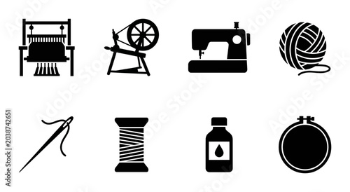 Bild auf Leinwand Sewing and Craft Icons: Loom, Spinning Wheel, Sewing Machine, Yarn, Needle, Thre
