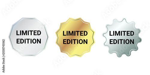 A collection of limited edition badges. Holographic, gold, and silver stickers.Vector. 
