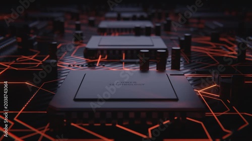 Futuristic Camera Flyover Above Computer Motherboard and CPU Technology