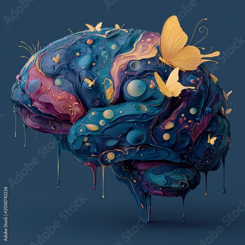 A vibrant artistic representation of a brain with colorful splashes and butterflies, symbolizing creativity and thought.