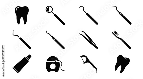 Photos Dental tools and equipment icons set.