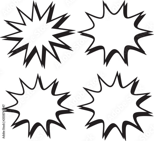 A set of four black silhouette comic book style speech bubbles or starburst explosion shapes, isolated on a white background for