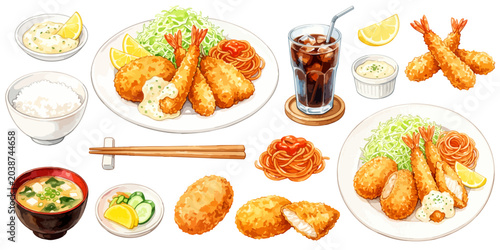 Bild auf Leinwand ミックスフライ定食の洋食ランチセット素材｜エビフライとクリームコロッケ イラスト タルタルソース