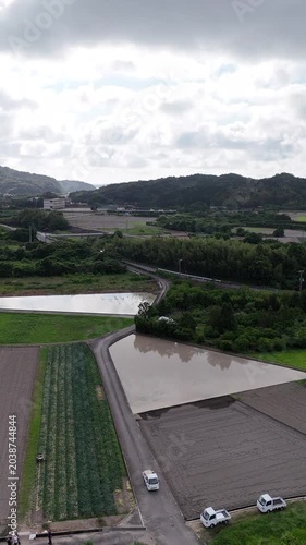 Vertical aerial View of Onion Fields and Rural Farmland in Hagi Yamaguchi Japan, Agricultural Landscape 02